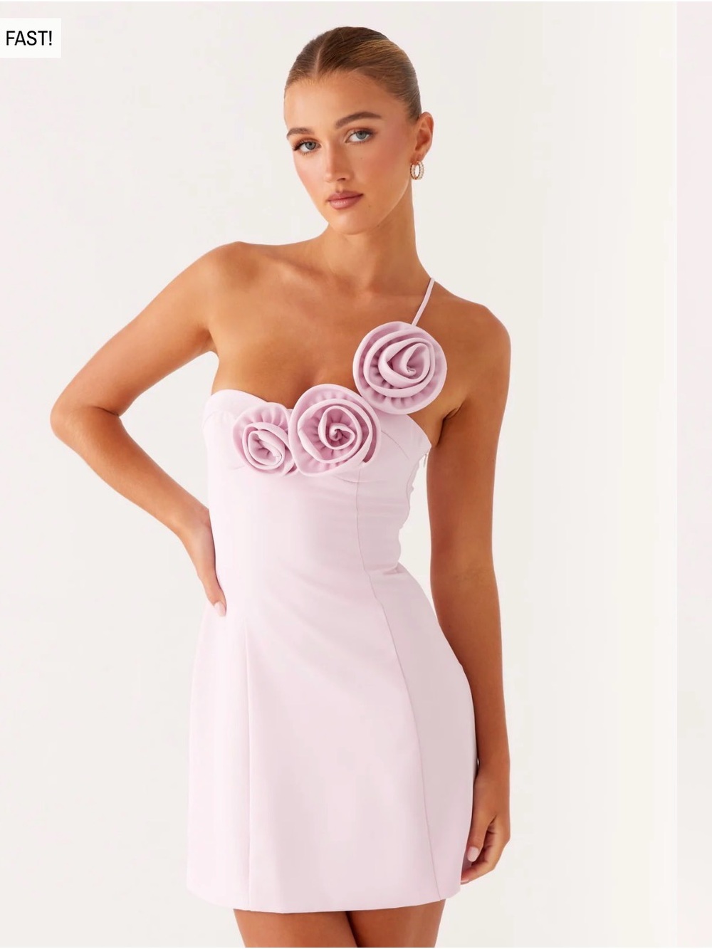 Peppermayo Pink One-Shoulder Rose Appliqué Mini Dress